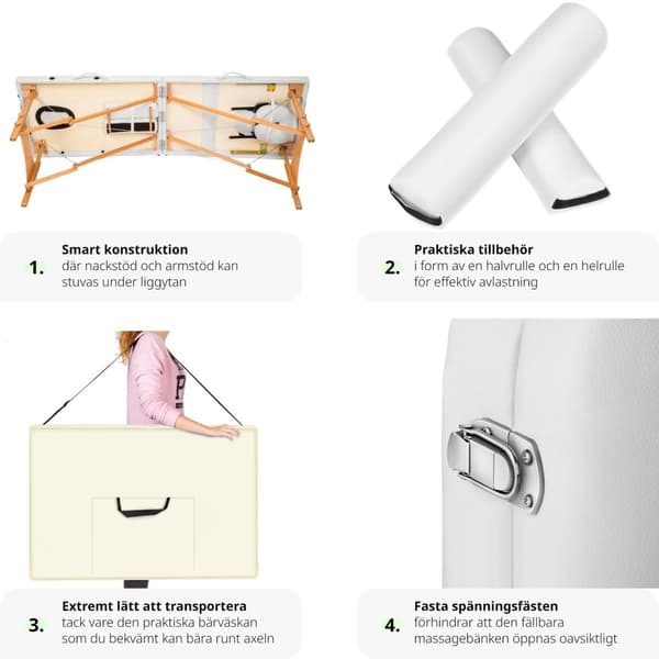 Set 2-zons Massagebänk Freddi med 5 cm stoppning och träram inklusive massagerullar - vit