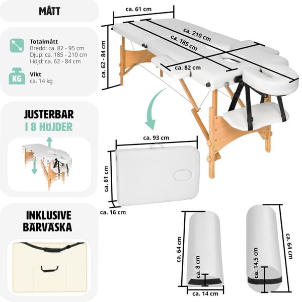 Set 2-zons Massagebänk Freddi med 5 cm stoppning och träram inklusive massagerullar - vit