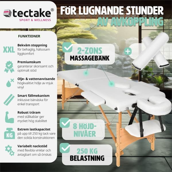 Set 2-zons Massagebänk Freddi med 5 cm stoppning och träram inklusive massagerullar - vit