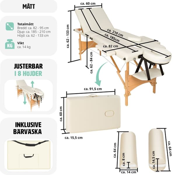 Set 3-Zons Massagebänk Daniel med träram, inklusive massagerullar - beige