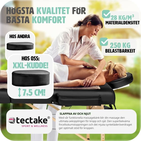 3-zons massagebänksset Somwang med 7,5 cm stoppning, hjul och träram - svart