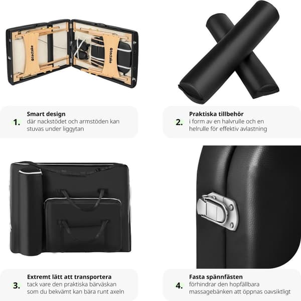 3-zons massagebänksset Somwang med 7,5 cm stoppning, hjul och träram - svart