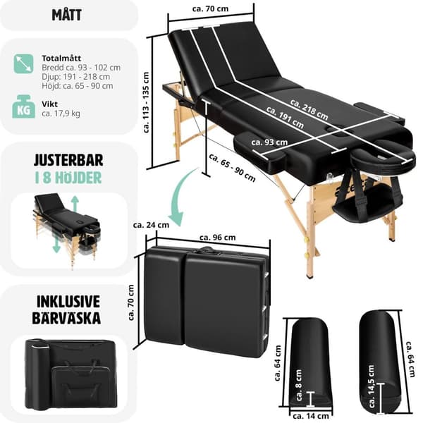 3-zons massagebänksset Somwang med 7,5 cm stoppning, hjul och träram - svart