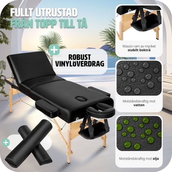 3-zons massagebänksset Somwang med 7,5 cm stoppning, hjul och träram - svart