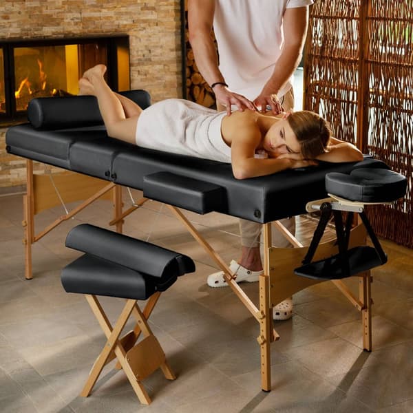 3-zons massagebänksset Somwang med 7,5 cm stoppning, hjul och träram - svart