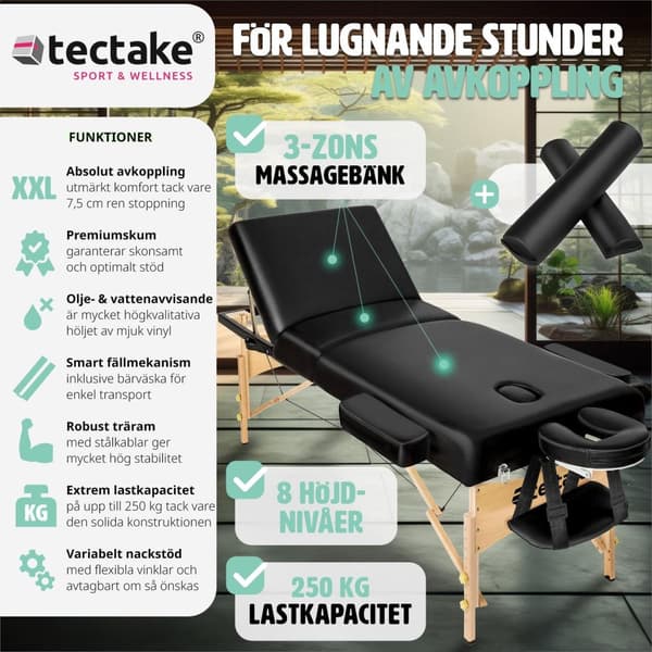 3-zons massagebänksset Somwang med 7,5 cm stoppning, hjul och träram - svart