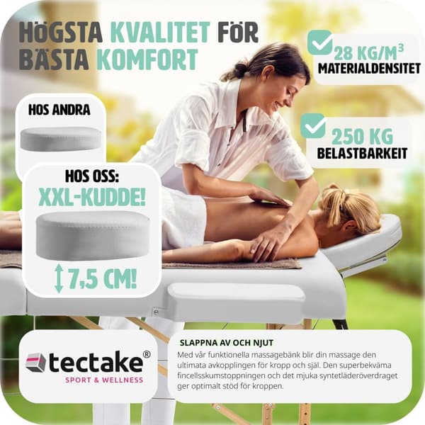 3-zons massagebänksset Somwang med 7,5 cm stoppning, hjul och träram - vit