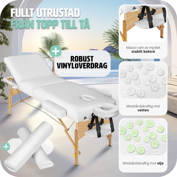 3-zons massagebänksset Somwang med 7,5 cm stoppning, hjul och träram - vit
