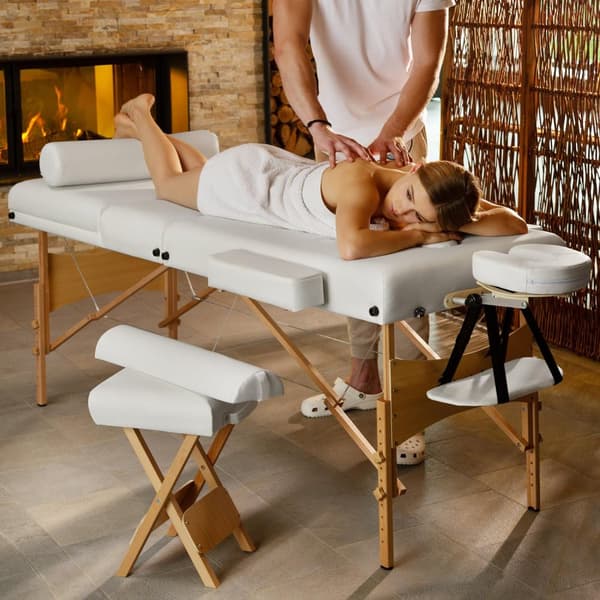 3-zons massagebänksset Somwang med 7,5 cm stoppning, hjul och träram - vit