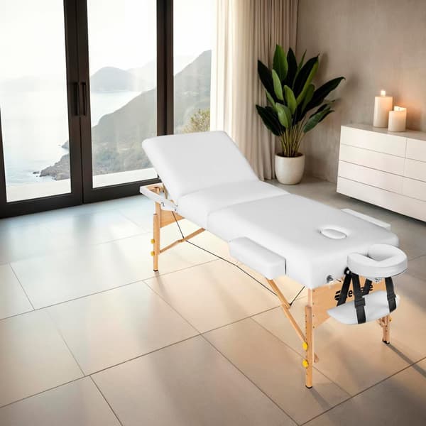 3-zons massagebänksset Somwang med 7,5 cm stoppning, hjul och träram - vit