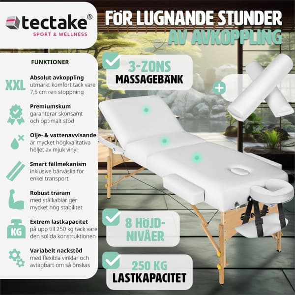 3-zons massagebänksset Somwang med 7,5 cm stoppning, hjul och träram - vit