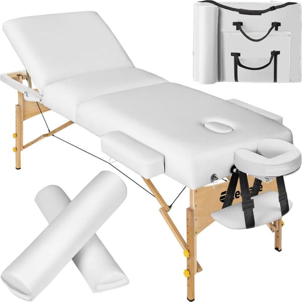 3-zons massagebänksset Somwang med 7,5 cm stoppning, hjul och träram - vit