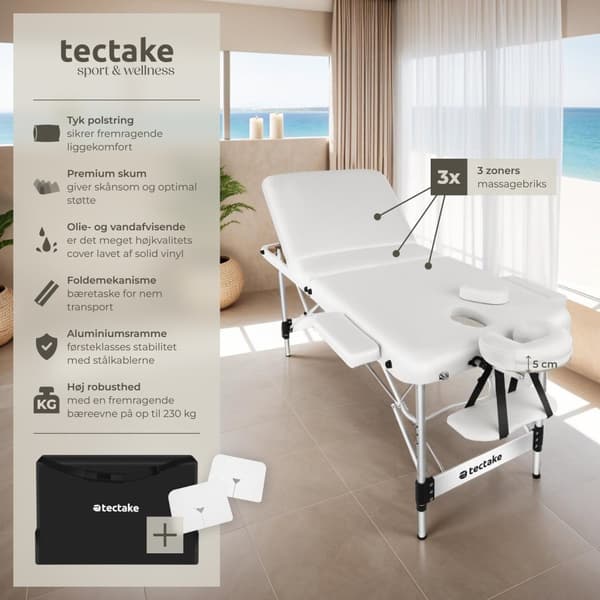 3 zoners massagebriks Phuket, bæretaske, aluminiumsramme - hvid