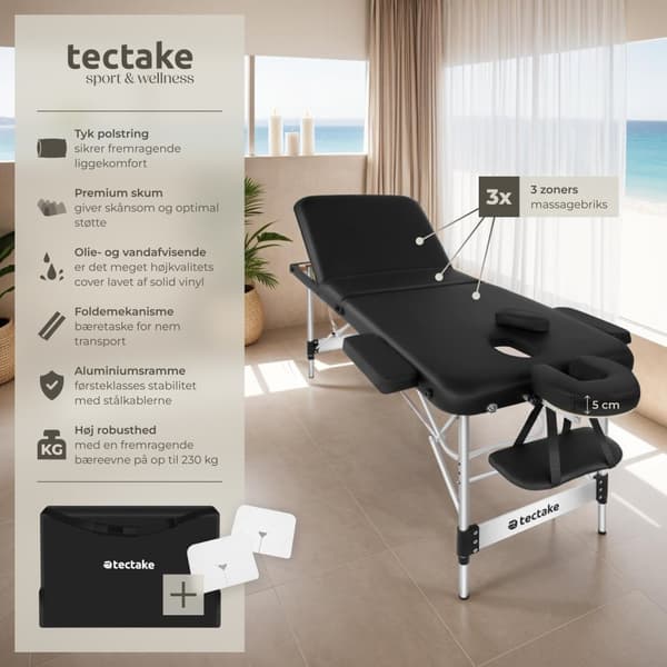 3 zoners massagebriks Phuket, bæretaske, aluminiumsramme - sort