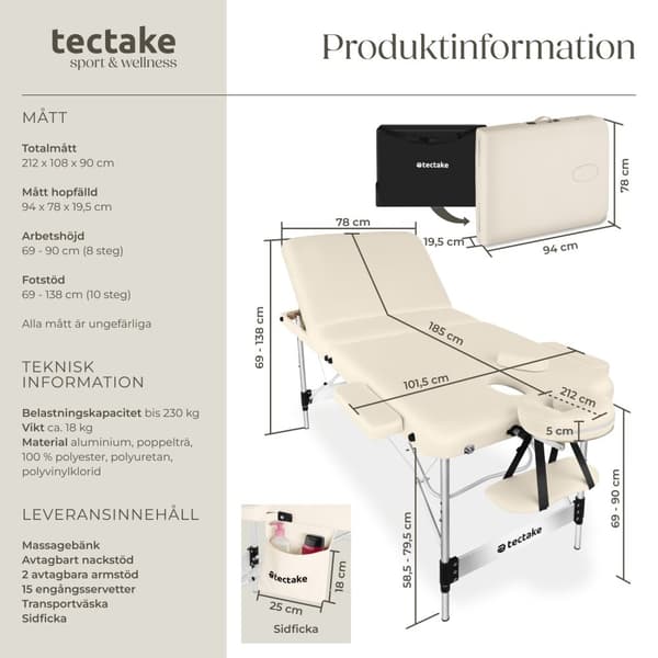 3 zons massagebänk Ko Tao med aluminiumram, inklusive bärväska - beige
