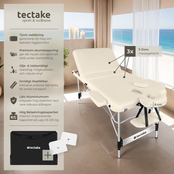 3 zons massagebänk Ko Tao med aluminiumram, inklusive bärväska - beige