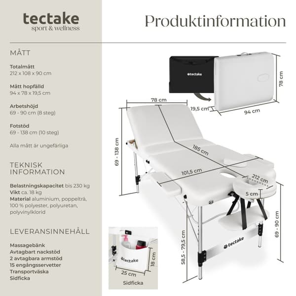 3 zons massagebänk Ko Tao med aluminiumram, inklusive bärväska - vit