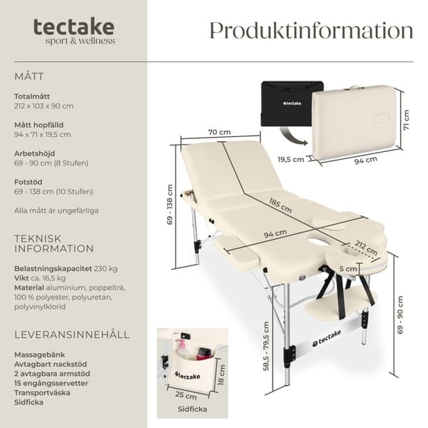 3 zons massagebänk Phuket med aluminiumram, inklusive bärväska - beige