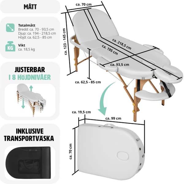 3-zons oval massagebänk Sawsan med träram och 5 cm stoppning - vit