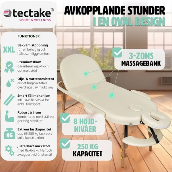 3-zons oval massagebänk Sawsan med träram och 5 cm stoppning - beige