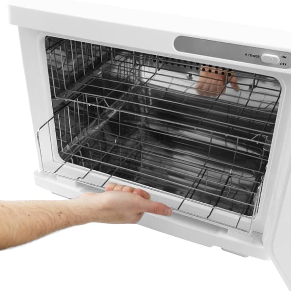 Handduksvärmare Vit Svart 23L Skönhetsbehandling UV-sterilisator Desinfektion Salong Spa Rostfritt Stål Elektrisk 2 Hyllor Droppbricka 200W 2 x Tänger