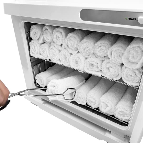 Handduksvärmare Vit Svart 23L Skönhetsbehandling UV-sterilisator Desinfektion Salong Spa Rostfritt Stål Elektrisk 2 Hyllor Droppbricka 200W 2 x Tänger