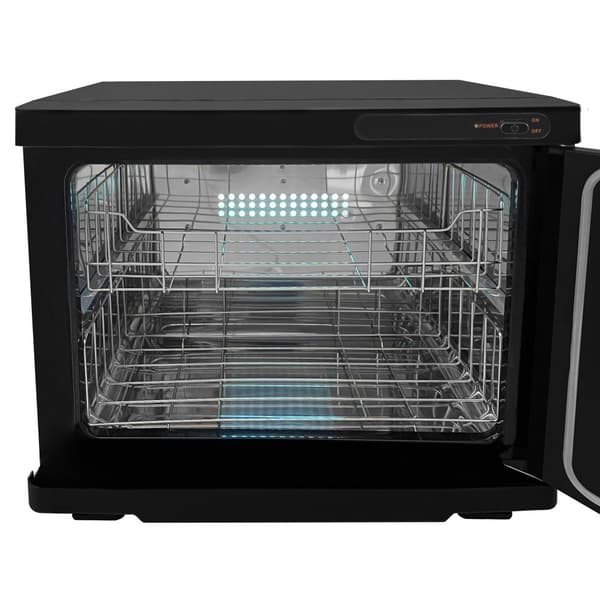 Handduksvärmare Vit Svart 23L Skönhetsbehandling UV-sterilisator Desinfektion Salong Spa Rostfritt Stål Elektrisk 2 Hyllor Droppbricka 200W 2 x Tänger