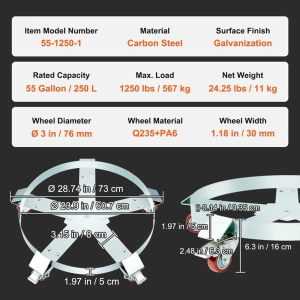 Tromle Dolly Vogn, Heavy-Duty Kulstofstål, 1000 lbs Belastningskapacitet,2 stk