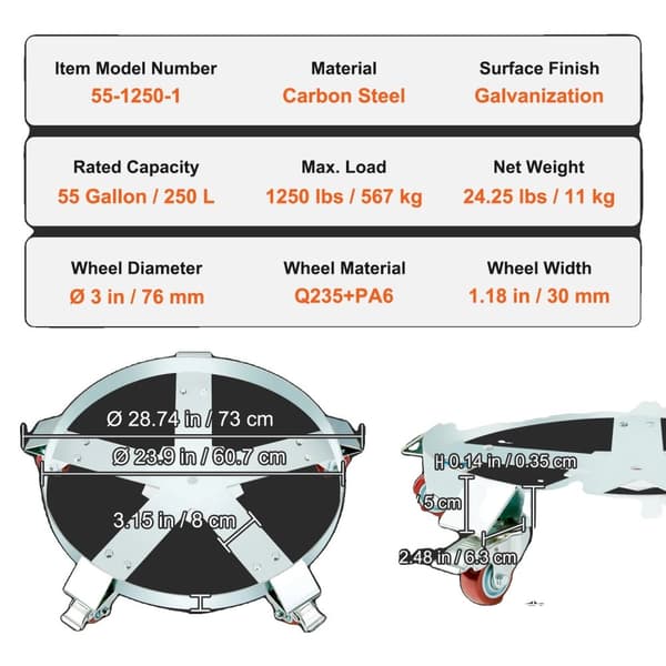 Tromle Dolly Vogn, Heavy-Duty Kulstofstål, 1000 lbs Belastningskapacitet,2 stk