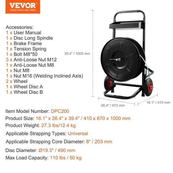 VEVOR Båndstrapsvogn, Heavy-Duty Stålramme, Anti-Tangle Hjulskive,8 tommer