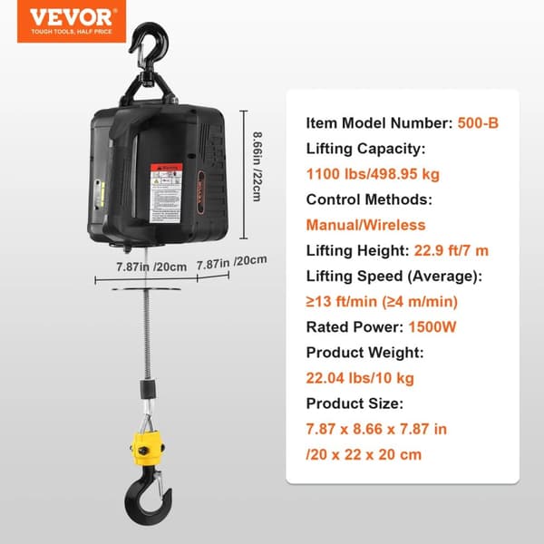 Elektrisk hejseværk, trådløs fjernbetjening, kraftfuld 1500W motor,1100 lbs