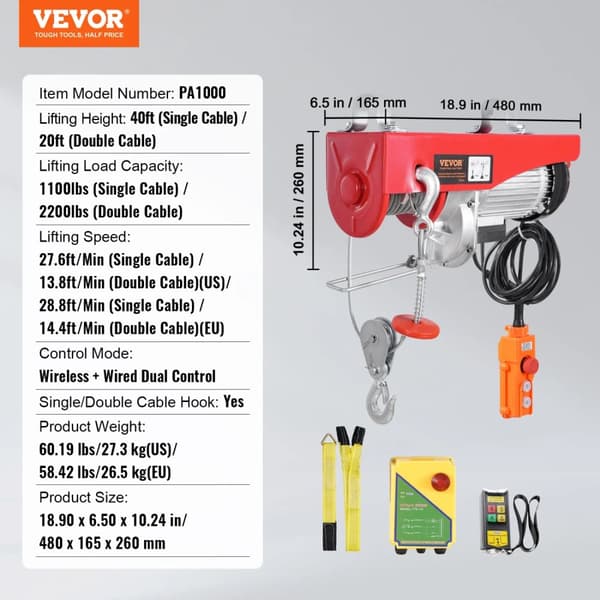 Elektrisk vinsch, 1000 kg lastkapacitet, dubbelt kontrollsystem,2200 pund