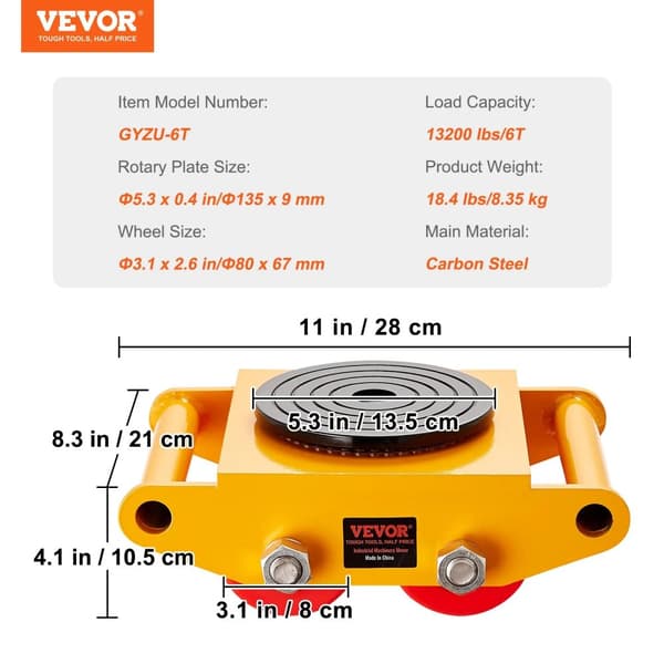 Vevor Maskineri Skate Dolly, 13200 lbs Belastningsevne, Konstruktion i Kulstofstål,6T