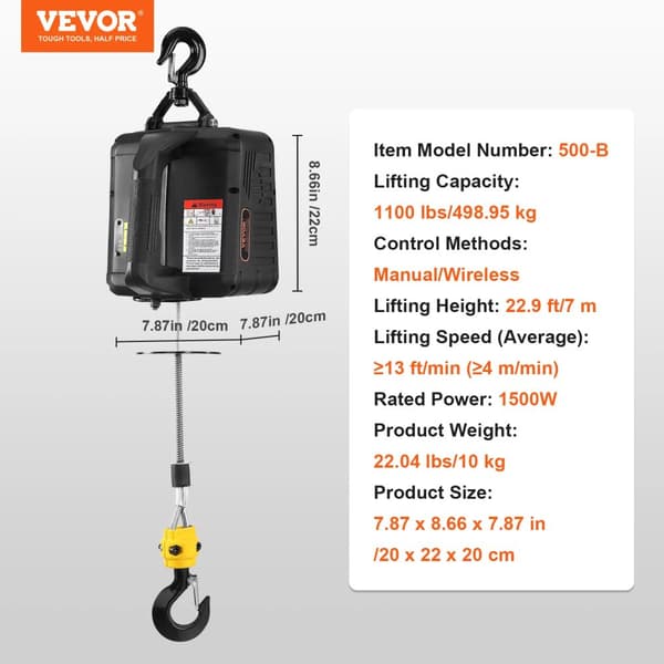 Elektrisk vinsch, 500 kg kapacitet, 1500W effekt, trådlös kontroll,1100lbs