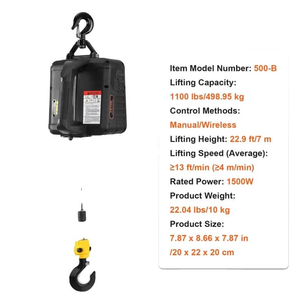 Elektrisk vinsch, 500 kg kapacitet, 1500W effekt, trådlös kontroll,1100lbs