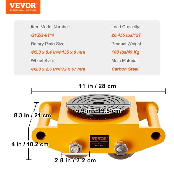 Maskin Skate Dolly, 17.637 lbs belastningskapacitet, holdbar konstruktion i kulstofstål,12T