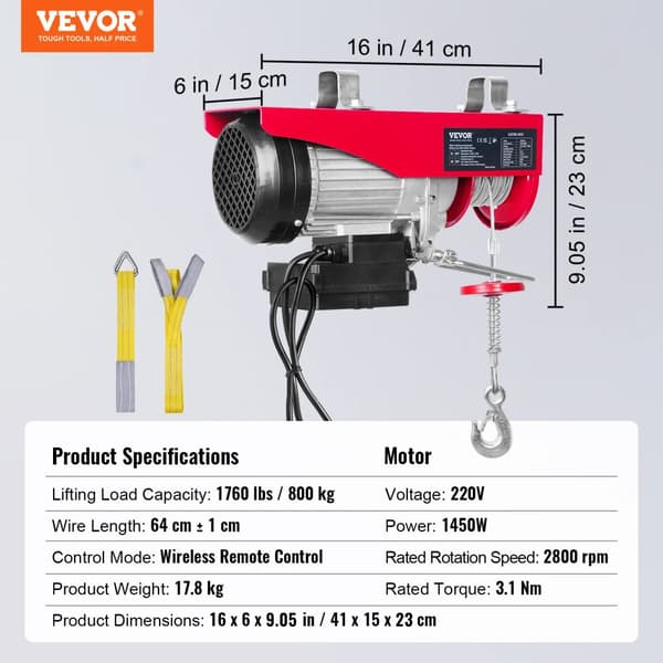 Trådløs elektrisk hejseværk, 1000 kg kapacitet, 1600W effekt,220V 1760lbs