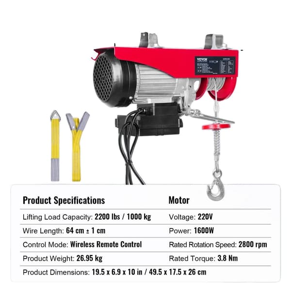 Langaton sähköinen nosturi, 2200 lbs kapasiteetti, 1600W teho,220V 2200lbs