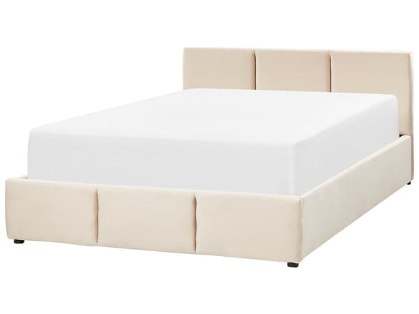 Seng Lysebeige Fløyelspolstring Dobbeltseng 160 x 200 cm Tuftet Sengegavl Oppbevaringsfunksjon