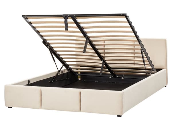 Seng Lysebeige Fløyelspolstring Dobbeltseng 160 x 200 cm Tuftet Sengegavl Oppbevaringsfunksjon