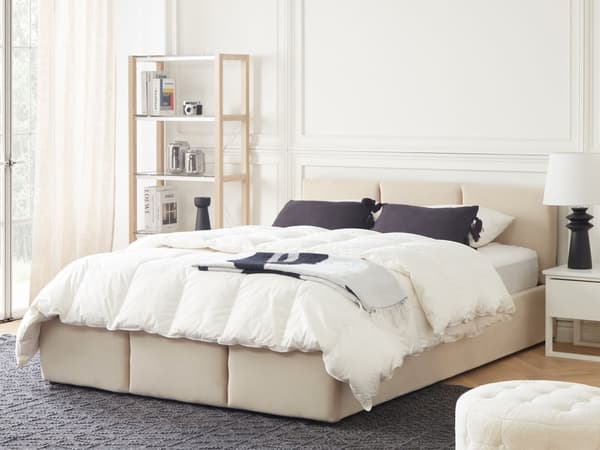 Seng Lysebeige Fløyelspolstring Dobbeltseng 140 x 200 cm Tuftet Sengegavl Oppbevaringsfunksjon