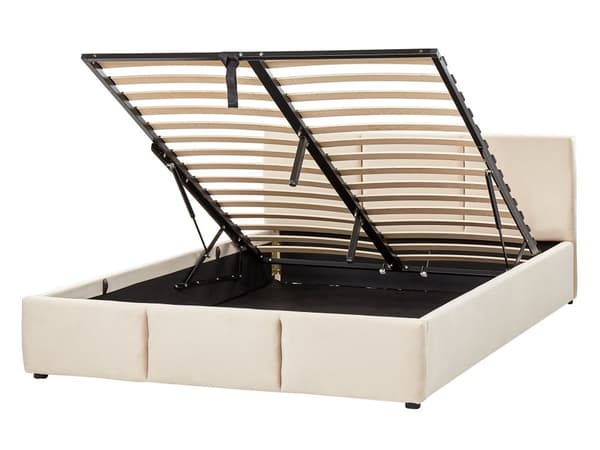 Seng Lysebeige Fløyelspolstring Dobbeltseng 140 x 200 cm Tuftet Sengegavl Oppbevaringsfunksjon