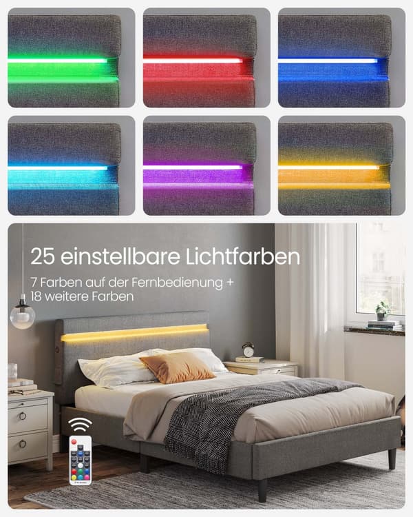 Metal dobbeltseng-140 x 190 cm-med LED-belysning-mørk grå