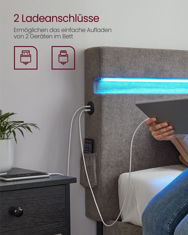 Metal dobbeltseng-140 x 190 cm-med LED-belysning-mørk grå