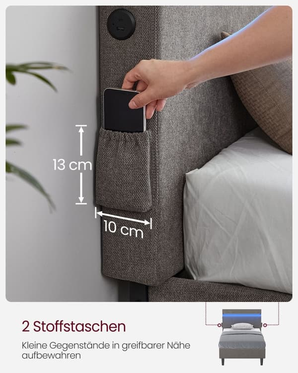 Metal dobbeltseng-140 x 190 cm-med LED-belysning-mørk grå