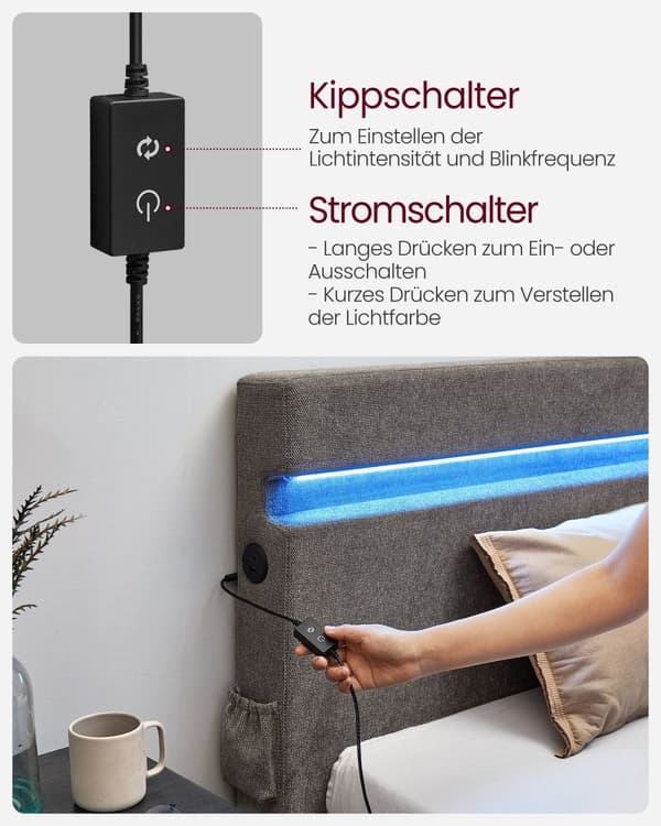 Metal dobbeltseng-140 x 190 cm-med LED-belysning-mørk grå