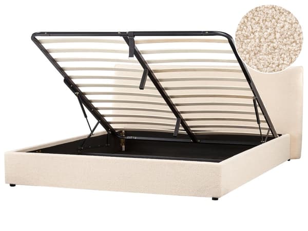 Ottomansk Seng Beige Boucle Polstring 180 x 200 cm Stor Klassisk Sengegavl Oppbevaringsfunksjon Trelister