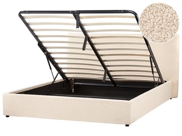Ottomansk Seng Beige Boucle Polstring 160 x 200 cm Stor Klassisk Sengegavl Oppbevaringsfunksjon Trelister