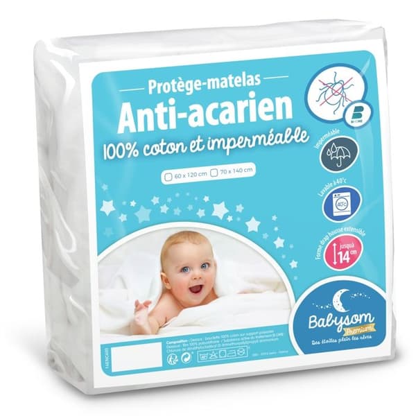 Babysom - Anti-mite Baby Madrass Protector - 70x140 cm | Mjuk och tyst vattentät dyna | 100 % bomullsfrotté | Oeko-Tex®