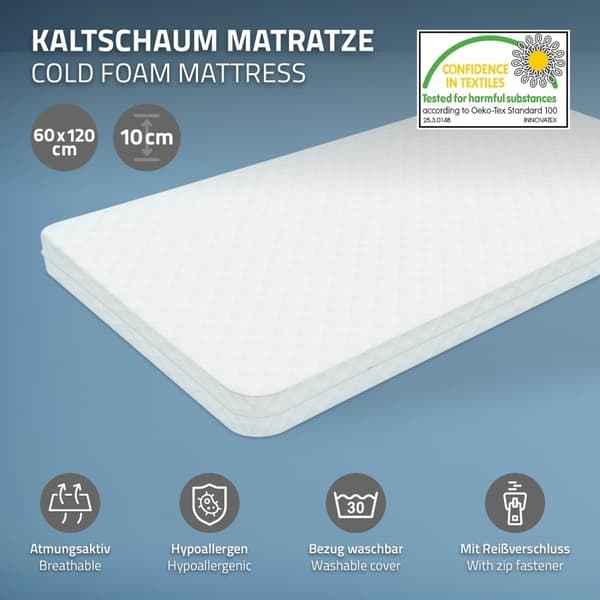 ML-Design Lastensänky 60 x 120 x 10 cm; Myrkytystestattu; Öko-Tex 100 -sertifioitu; Vauvansänky patjalla ja pestävällä päällisellä; Kylmävaahtopatja